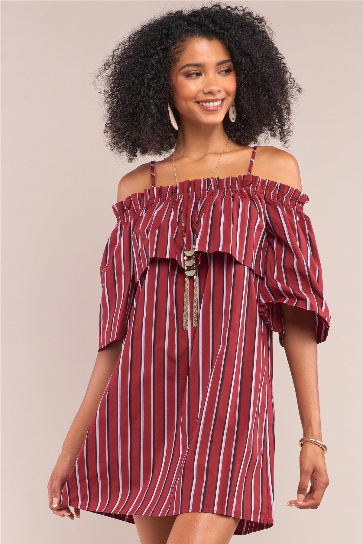 Burgundy Striped Relaxed Fit Off-The-Shoulder Flare Detail Midi Sleeve Mini Dress /1-2-2-1