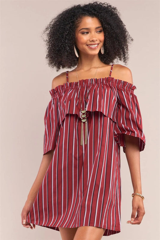 Burgundy Striped Relaxed Fit Off-The-Shoulder Flare Detail Midi Sleeve Mini Dress /1-2-2-1 - Tasha Apparel Wholesale