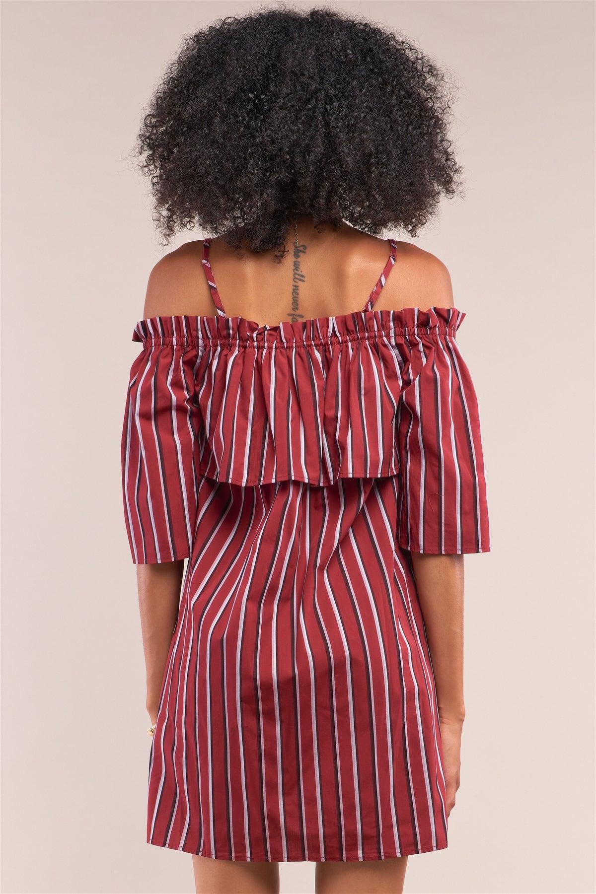 Burgundy Striped Relaxed Fit Off-The-Shoulder Flare Detail Midi Sleeve Mini Dress /1-2-2-1