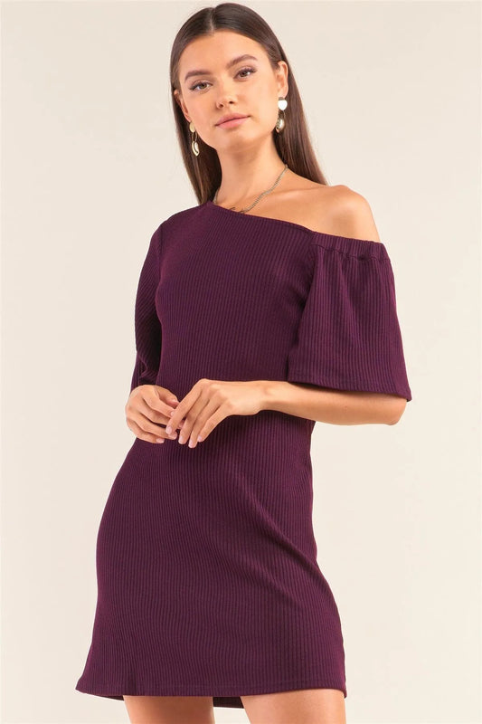 Eggplant Purple Slim Fit Asymmetrical Off-One-Shoulder Flare Sleeve Ribbed Mini Dress /1-2-2 - Tasha Apparel Wholesale
