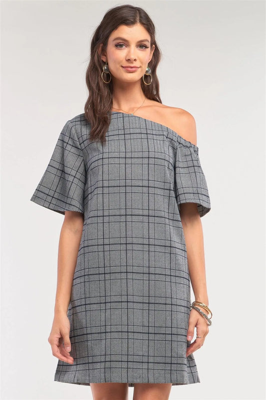 Grey Checkered One-Shoulder Relaxed Fit Mini Dress /1-2-2-1 - Tasha Apparel Wholesale