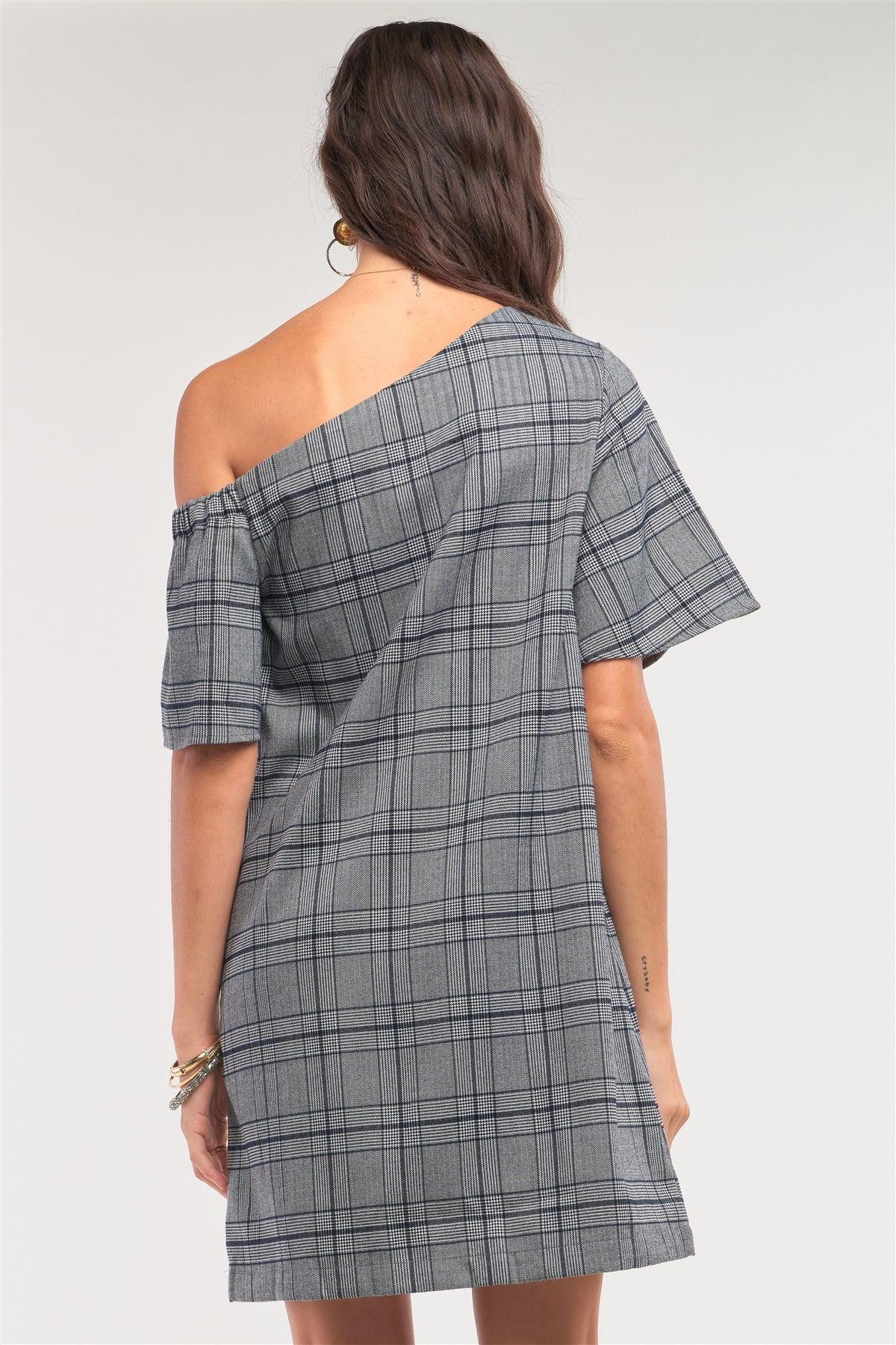 Grey Checkered One-Shoulder Relaxed Fit Mini Dress
