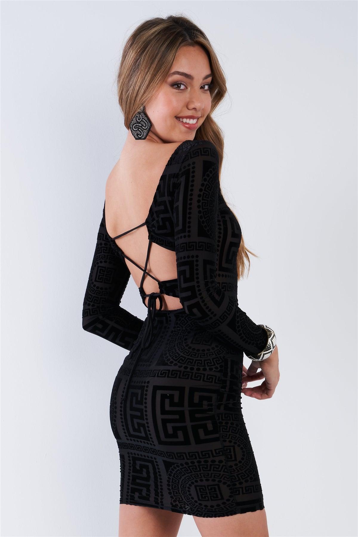Black Sheer Velvet Self-Tie Open Back Bodycon Mini Dress /1-2-2-2-1