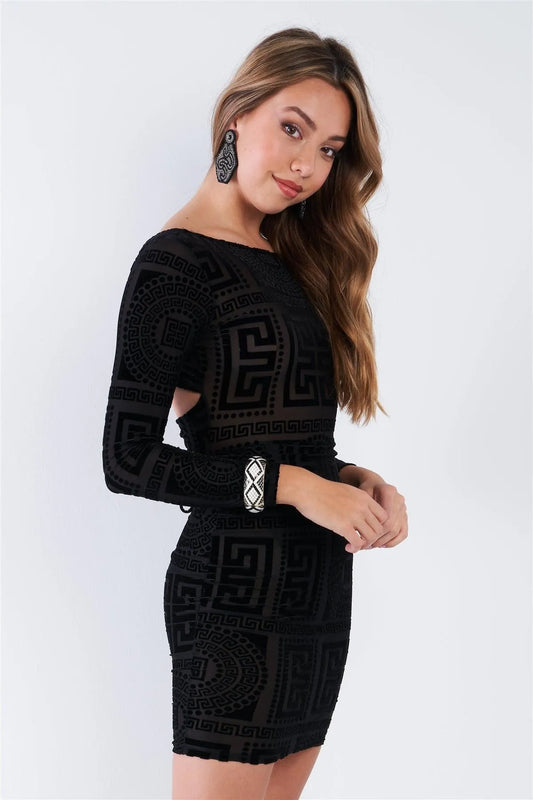 Black Sheer Velvet Self-Tie Open Back Bodycon Mini Dress /2-3-2-1 - Tasha Apparel Wholesale
