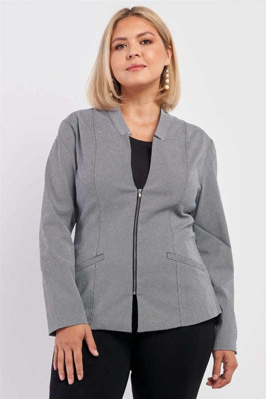 Junior Plus Black & Grey Checkered Houndstooth Pattern Front Zipper Closure Jacket /2-2-1 - Tasha Apparel Wholesale