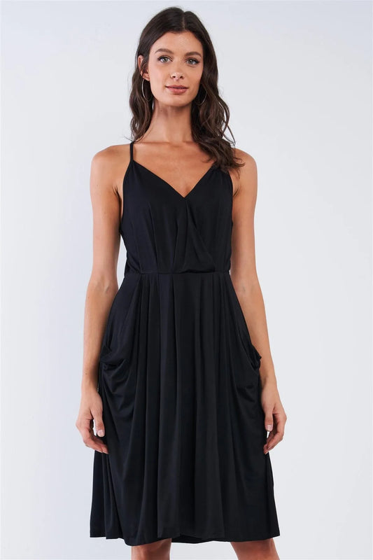 Black Casual Pleated Wrap Deep Plunge V-Neck Sleeveless Mini Dress With Front Pockets - Tasha Apparel Wholesale