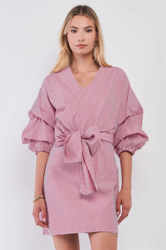 Red & White Striped Balloon Midi Sleeve V-Neck Self-Tie Wrap Mini Dress /1-1-1-1 - Tasha Apparel Wholesale