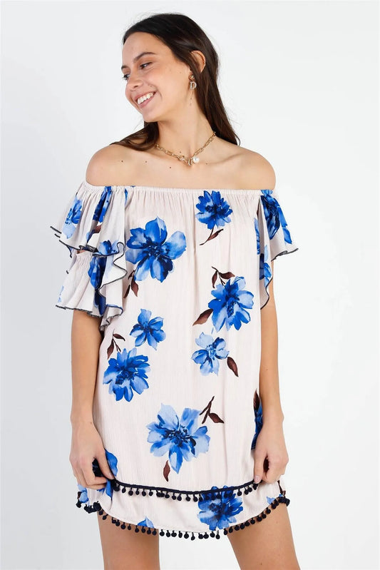 Cream Multi Floral Cold Shoulder Ruffle Sleeve Pom Pom Detail Mini Dress - Tasha Apparel Wholesale