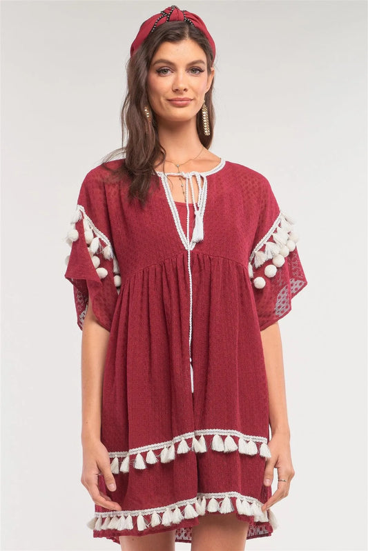Burgundy Boho Contrast Crochet Mesh Pompom&Tassel Tip Trim Mini Dress /1-2-2-1 - Tasha Apparel Wholesale