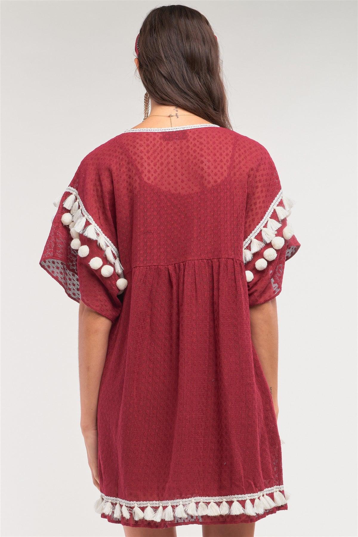Burgundy Boho Contrast Crochet Mesh Pompom&Tassel Tip Trim Mini Dress /1-2-2-1