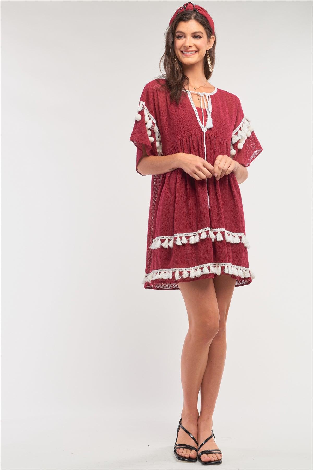 Burgundy Boho Contrast Crochet Mesh Pompom&Tassel Tip Trim Mini Dress /1-2-2-1