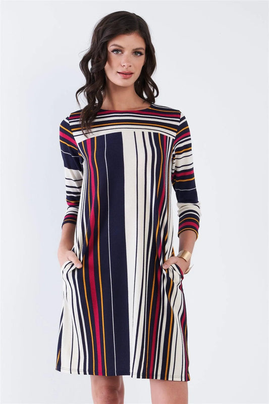 Navy Multi Stripe 3/4 Sleeve Shift Midi Dress /2-2-2 - Tasha Apparel Wholesale