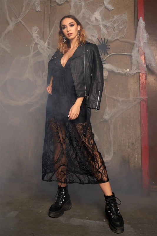 Black Floral Lace Sheer Tie Back Long Dress /3-2-1 - Tasha Apparel Wholesale