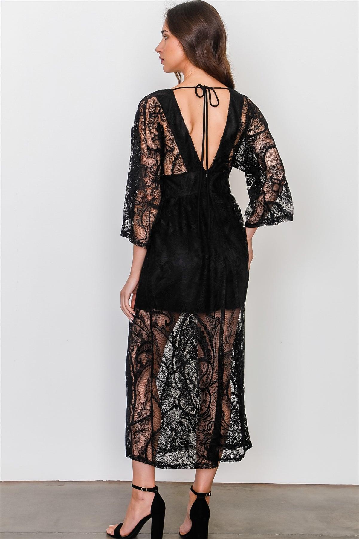 Black Floral Lace Sheer Tie Back Long Dress /3-2-1