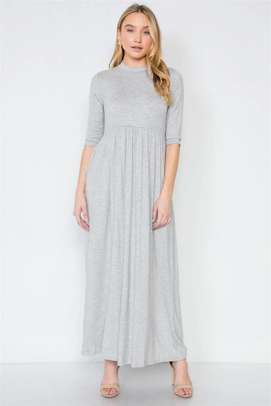 Heather Grey 3/4 Sleeve Basic Maxi Dress /2-2-2 - Tasha Apparel Wholesale