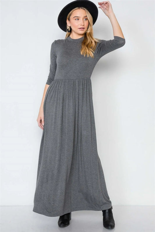 Mid Grey 3/4 Sleeve Basic Maxi Dress /3-3-2 - Tasha Apparel Wholesale