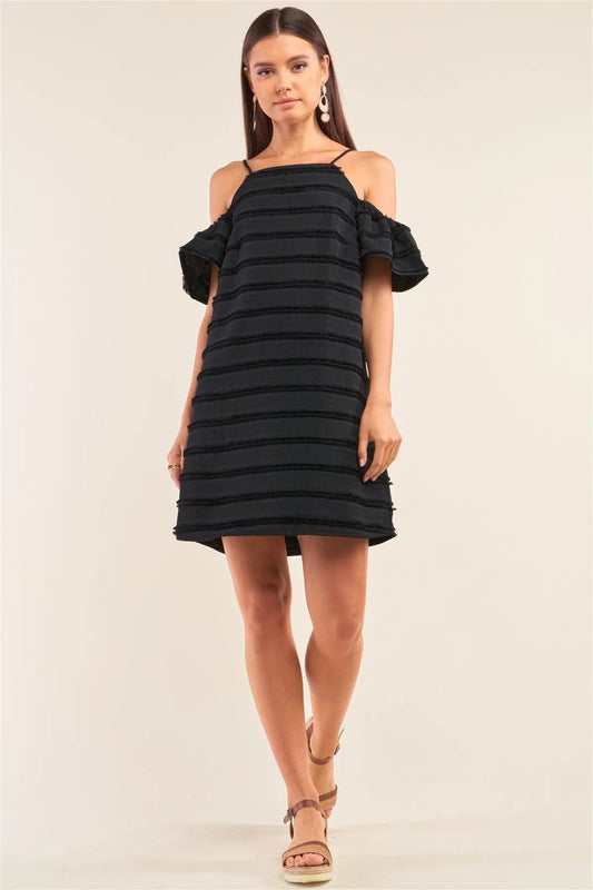 Black Fringe Square Neck Cold Shoulder Mini Dress /1-2-2-1 - Tasha Apparel Wholesale