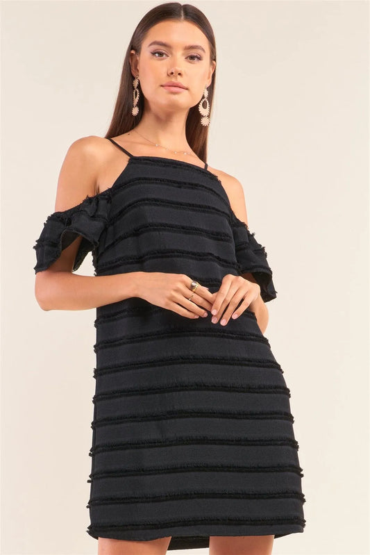 Black Fringe Square Neck Cold Shoulder Mini Dress /1-3-2-1 - Tasha Apparel Wholesale