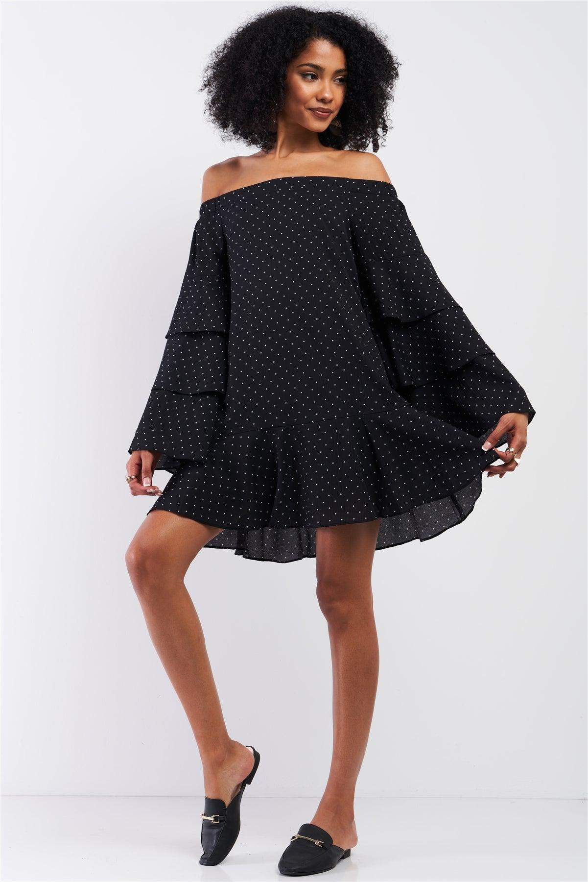 Black Polka Dot Off-The-Shoulder Relaxed Fit Layered Trumpet Sleeve Flare Mini Dress /1-2-2-1