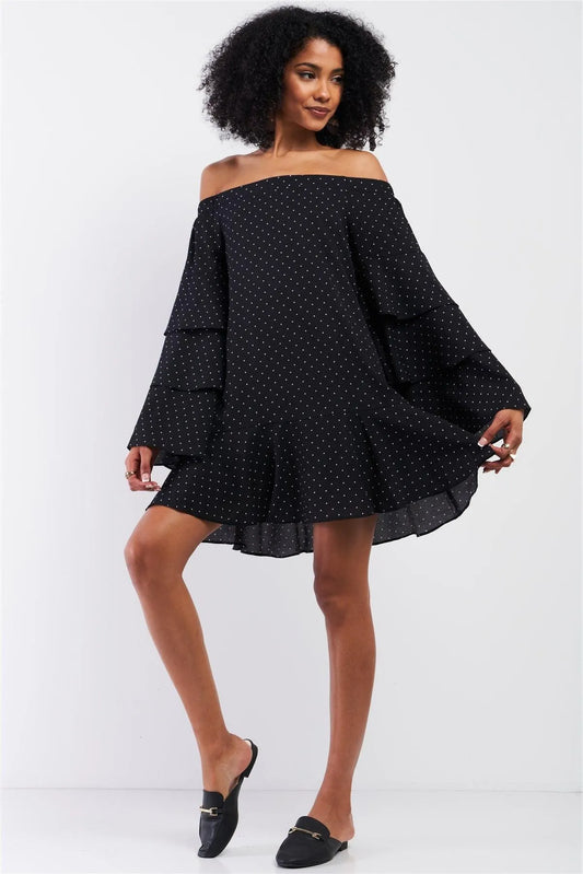 Black Polka Dot Off-The-Shoulder Relaxed Fit Layered Trumpet Sleeve Flare Mini Dress /1-2-2-1 - Tasha Apparel Wholesale