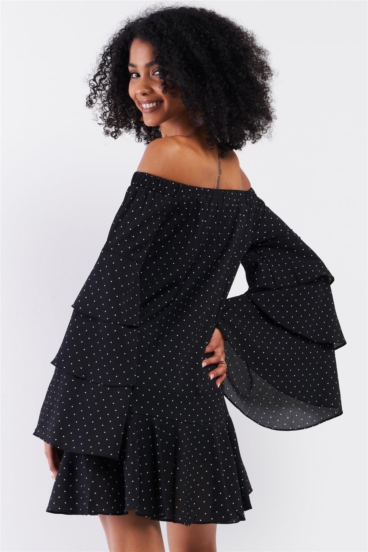 Black Polka Dot Off-The-Shoulder Relaxed Fit Layered Trumpet Sleeve Flare Mini Dress /1-2-2-1