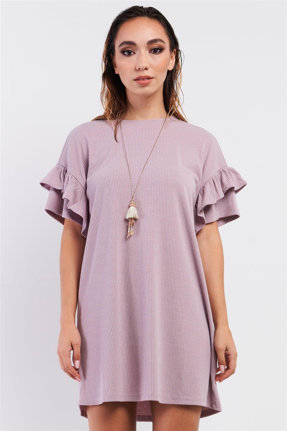 Dusty Pink Ribbed Loose Fit Layered Wing Short Sleeve T-Shirt Mini Dress /1-2-2-1