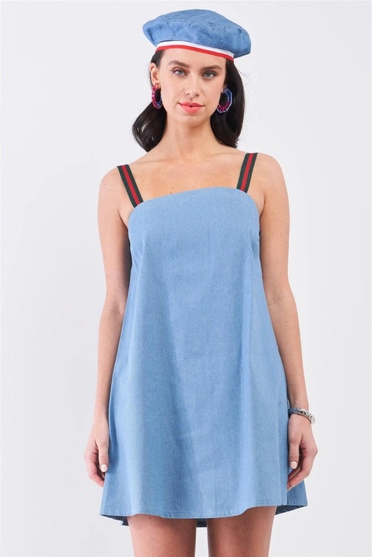 Quick Romance Light Blue Denim Sleeveless Strap Accent Babydoll Mini Dress /1-1-2 - Tasha Apparel Wholesale