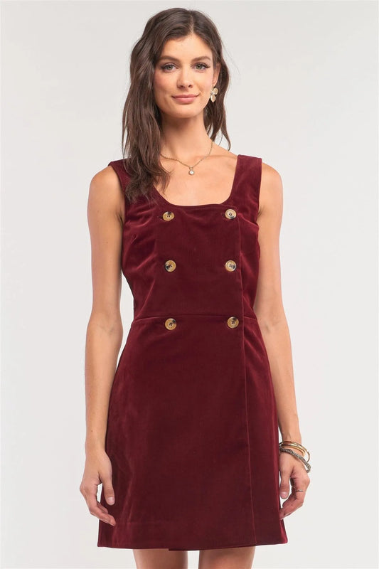 Cranberry Red Corduroy Sleeveless Double Breasted Mini Dress /1-2-2-1 - Tasha Apparel Wholesale