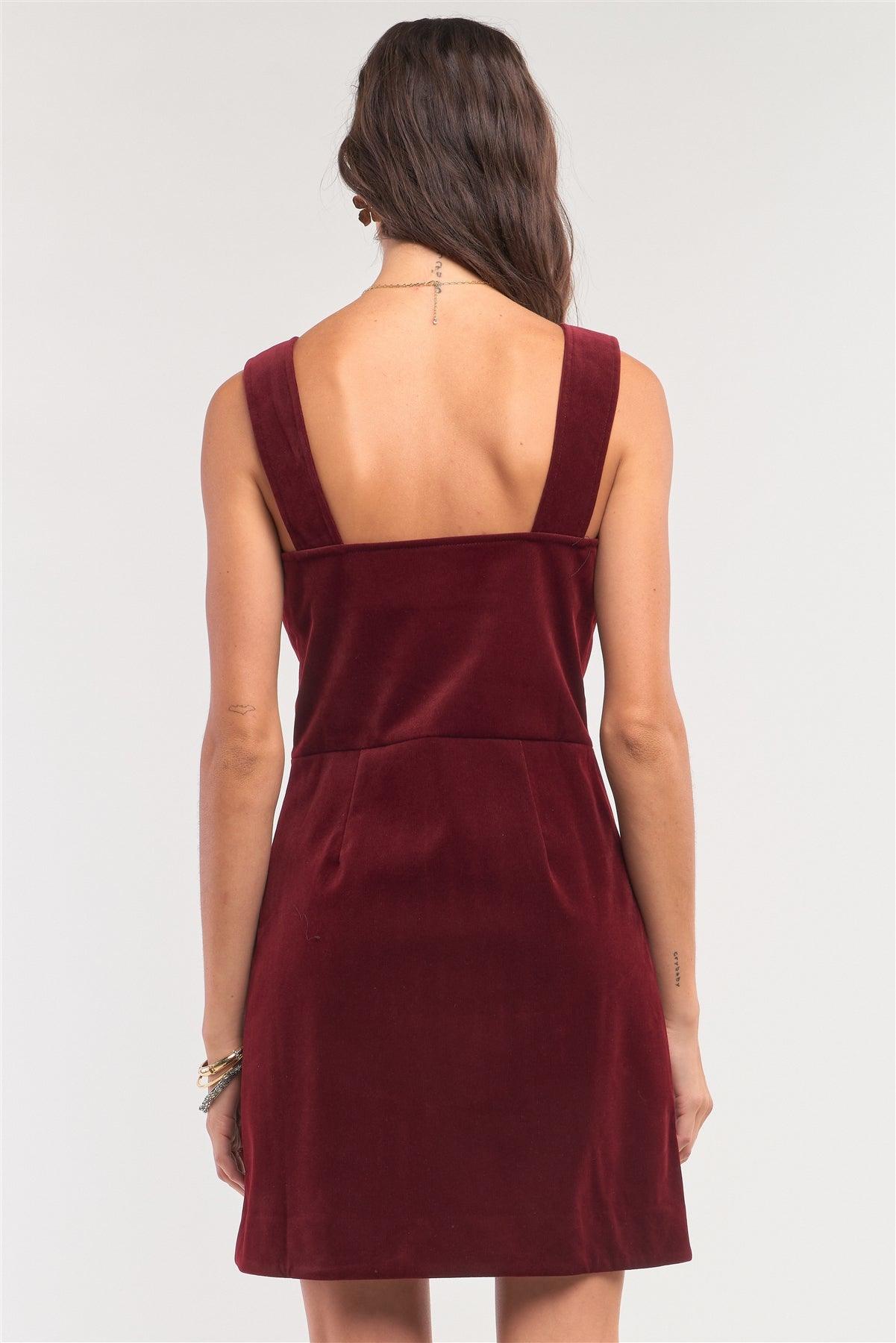 Cranberry Red Corduroy Sleeveless Double Breasted Mini Dress /1-2-2-1