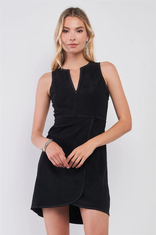 Black Faux Suede Sleeveless Deep V-Neck White Stitching Trim Wrap Front Structured Mini Dress /1-2-2-1 - Tasha Apparel Wholesale
