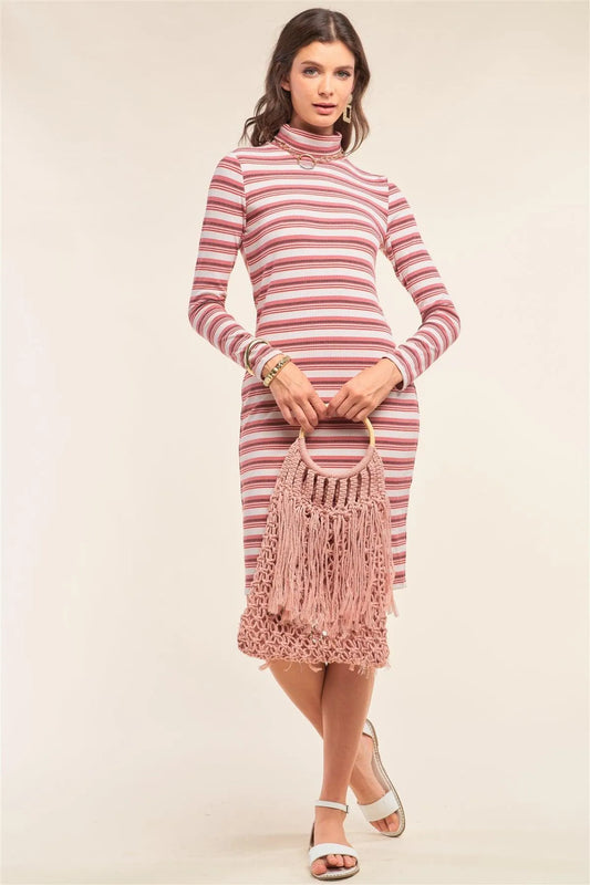 Multicolor Striped Print Long Sleeve Kimono Turtleneck Cut Out Back Detail Midi Dress /1-2-1 - Tasha Apparel Wholesale