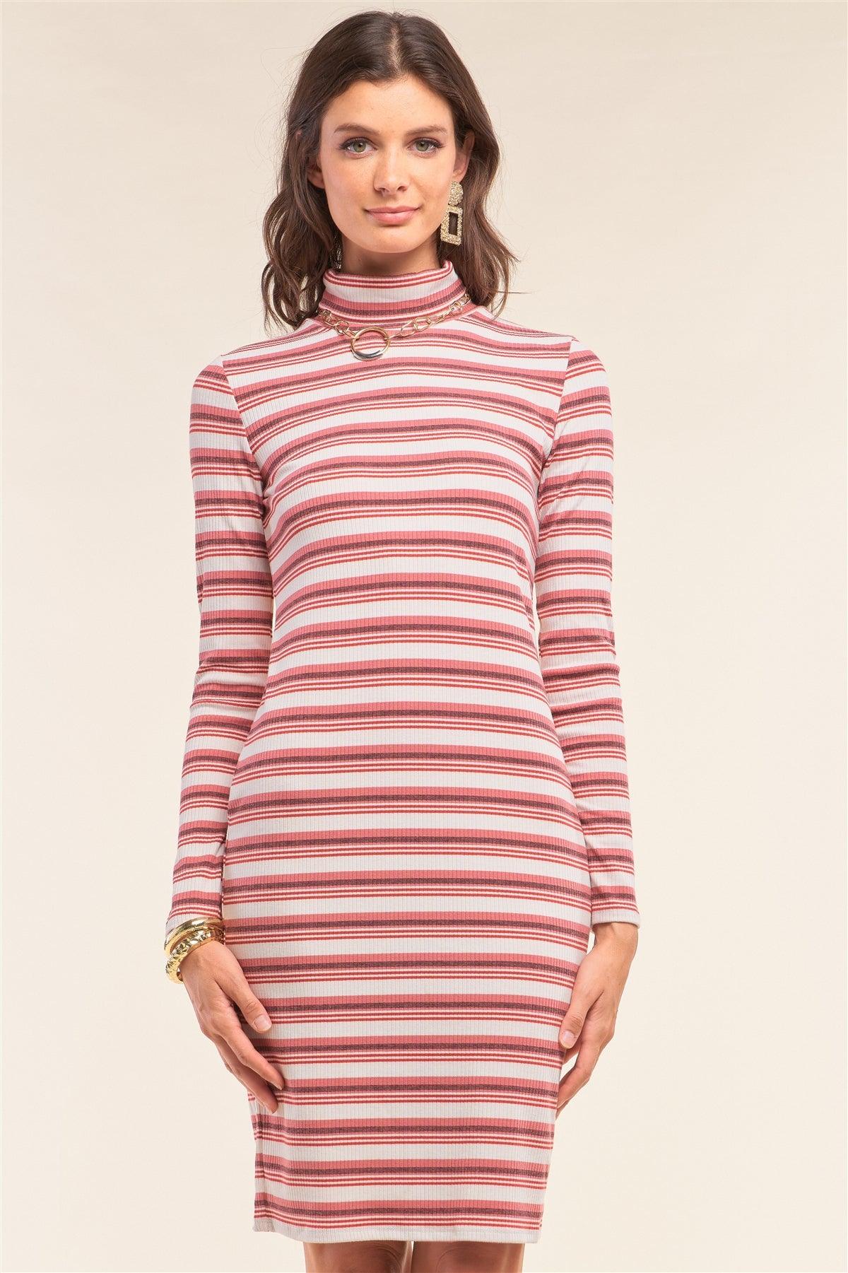 Multicolor Striped Print Long Sleeve Kimono Turtleneck Cut Out Back Detail Fitted Dress /1-2-2-2-1