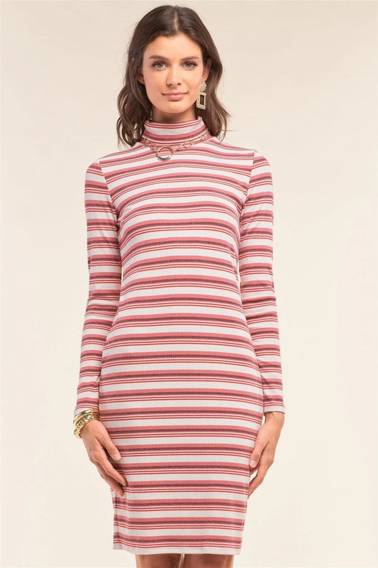 Multicolor Striped Print Long Sleeve Kimono Turtleneck Cut Out Back Detail Fitted Dress /1-2-2-2-1 - Tasha Apparel Wholesale