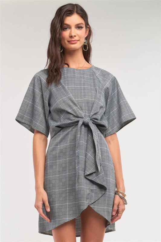 Grey Checkered Print Asymmetrical Front Self-Tie Detail Mini Dress /1-2-2-1 - Tasha Apparel Wholesale