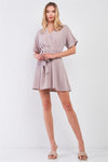 Winter Grey Wrap V-Neck Self-Tie Waist Detail Pleated Flare Mini Dress /1-3-1 - Tasha Apparel Wholesale