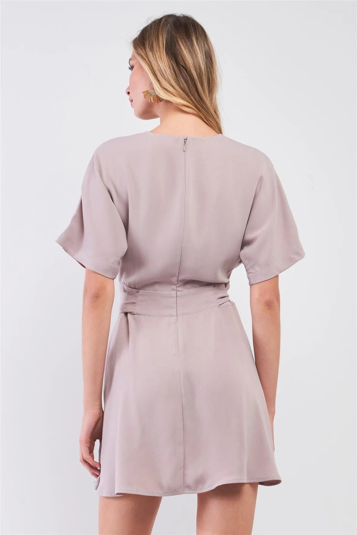 Winter Grey Wrap V-Neck Self-Tie Waist Detail Pleated Flare Mini Dress /1-3-1 - Tasha Apparel Wholesale