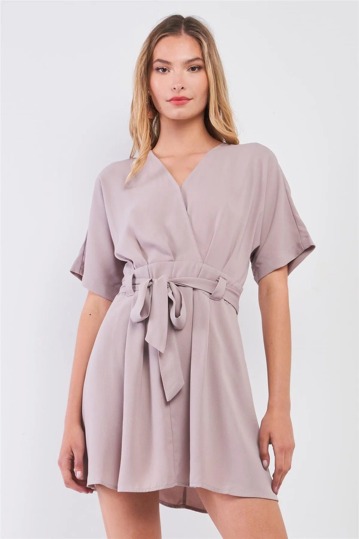 Winter Grey Wrap V-Neck Self-Tie Waist Detail Pleated Flare Mini Dress /1-3-1 - Tasha Apparel Wholesale