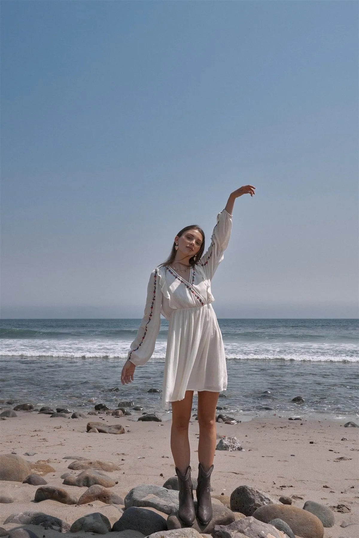Nude Boho Floral Embroidery Wrap V-Neck Ruffle Trim Detail Long Balloon Sleeve Mini Dress /1-2-2-1 Nude Boho Floral Embroidery Wrap V-Neck Ruffle Trim Detail Long Balloon Sleeve Mini Dress /1-2-2-1