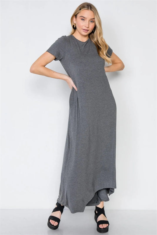 Mid Grey Basic Short Sleeve Comfy Maxi Dress /2-2-2 - Tasha Apparel Wholesale