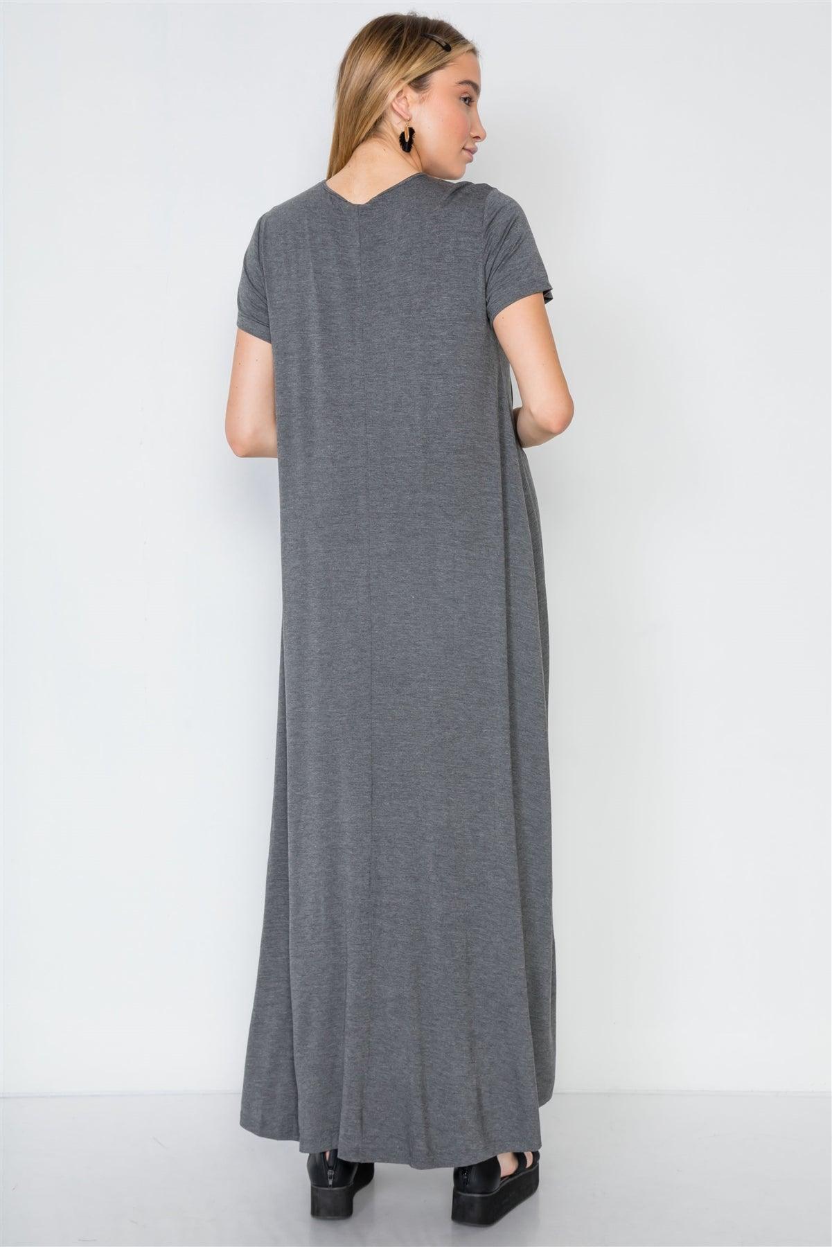 Mid Grey Basic Short Sleeve Comfy Maxi Dress /2-2-2
