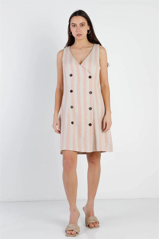 Blush & Tan Stripe Double Breasted Sleeveless Mini Dress /1-3-2 - Tasha Apparel Wholesale