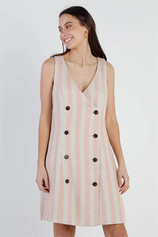 Blush & Tan Stripe Double Breasted Sleeveless Mini Dress /1-2-2-1 - Tasha Apparel Wholesale