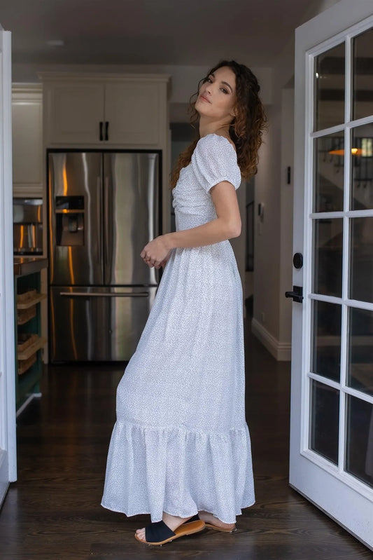White & Black Polka Dot Ruched Top Puff Short Sleeve Maxi Dress /1-2-2-1 - Tasha Apparel Wholesale