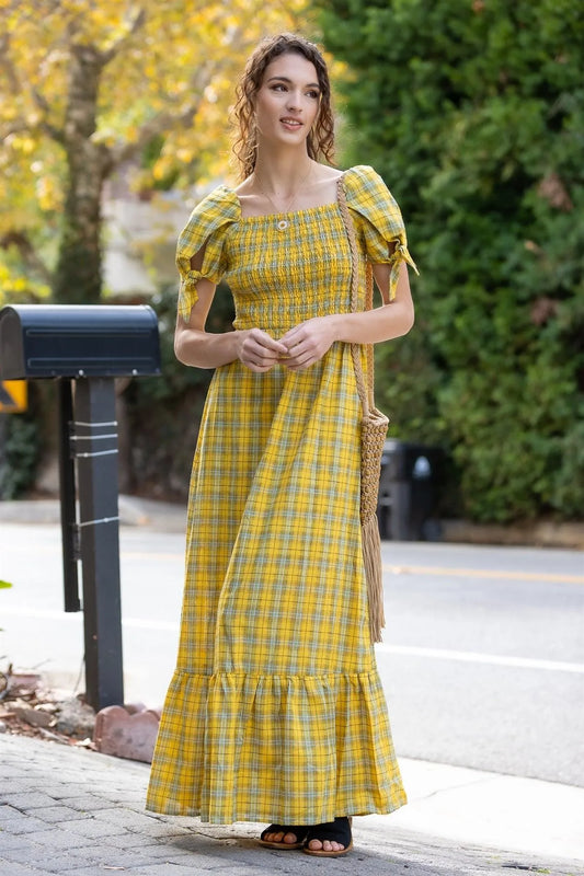 Yellow Plaid Cotton Smocked Bodice Puff Short Sleeve With Self-Tie Detail Maxi Dress /2-1-1 - Tasha Apparel Wholesale