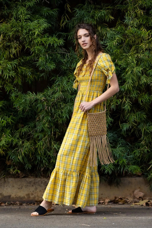 Yellow Plaid Cotton Smocked Bodice Puff Short Sleeve With Self-Tie Detail Maxi Dress /2-2 - Tasha Apparel Wholesale