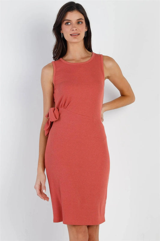 Red Brick Ribbed Side Self-Tie Detail Midi Dress /1-2-2-1 - Tasha Apparel Wholesale