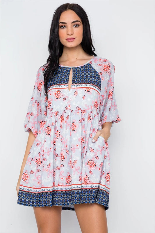 Multi Grey Paisley Boho Mini Dress /2-2-2 - Tasha Apparel Wholesale