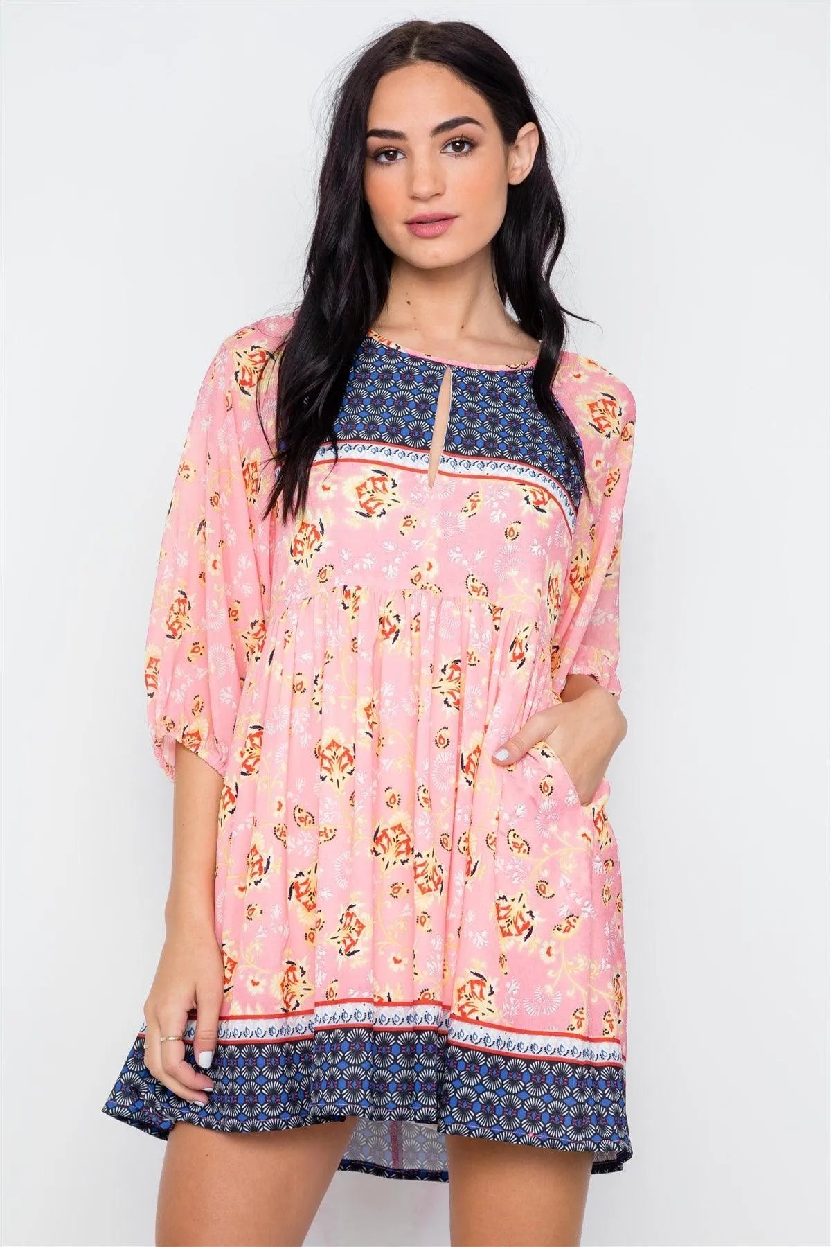 Multi Peach Paisley Boho Mini Dress /2-2-2 - Tasha Apparel Wholesale