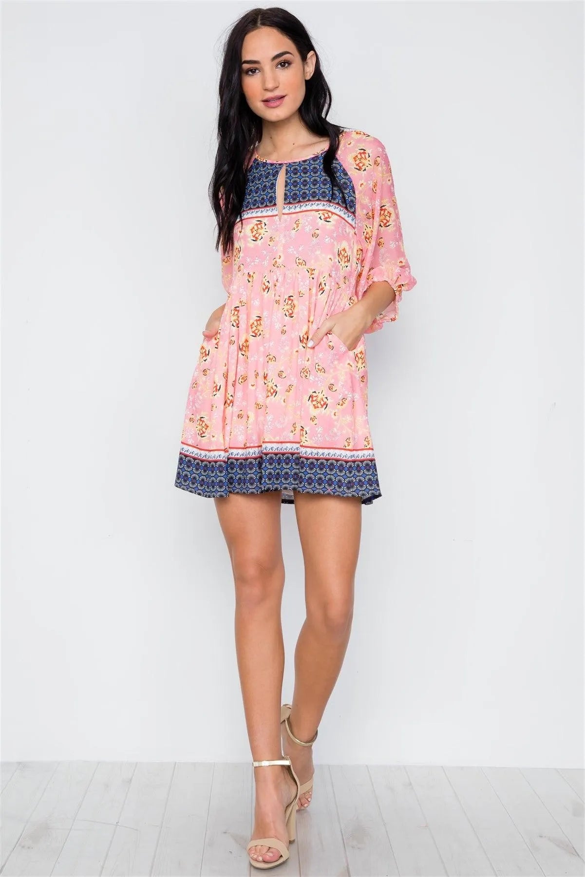 Multi Peach Paisley Boho Mini Dress /2-2-2 - Tasha Apparel Wholesale