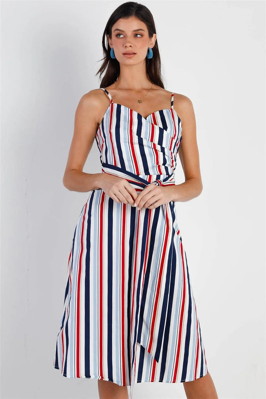 Red Multi Color Stripe Wrap V-Neck Front Self-Tie Detail Midi Dress /1-2-2-1 - Tasha Apparel Wholesale
